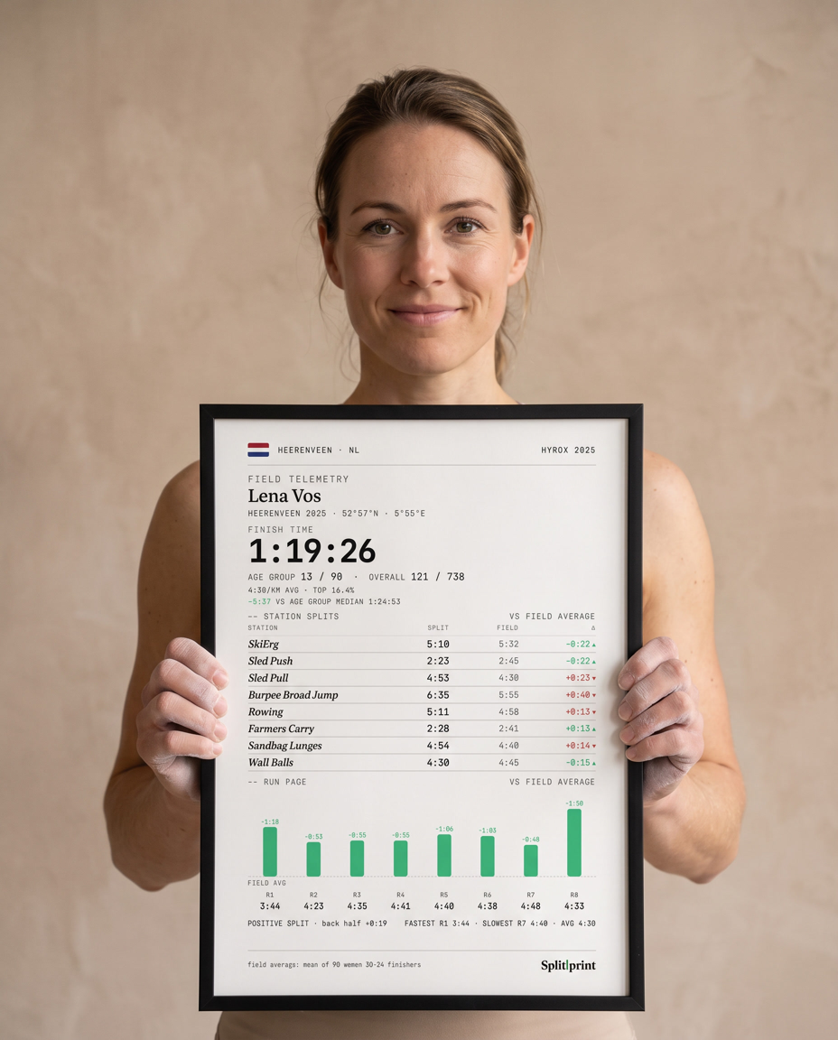 An athlete holding the printed 30×40 cm Splitprint Telemetry poster in a thin black frame