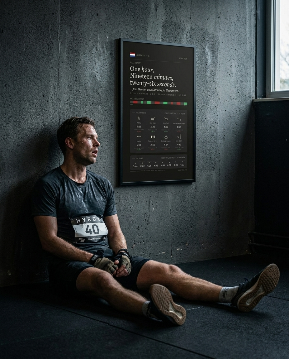 Een uitgeputte Hyrox-atleet zit na de race onder zijn race-artefact aan de muur